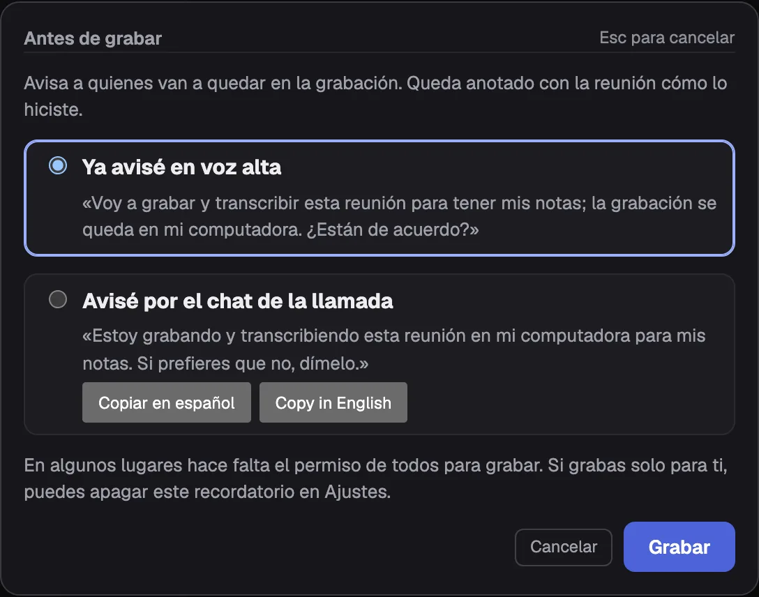 La hoja «Antes de grabar»: «Ya avisé en voz alta» con el guion «Voy a grabar y transcribir esta reunión para tener mis notas; la grabación se queda en mi computadora. ¿Están de acuerdo?», o «Avisé por el chat de la llamada» con los botones Copiar en español y Copy in English